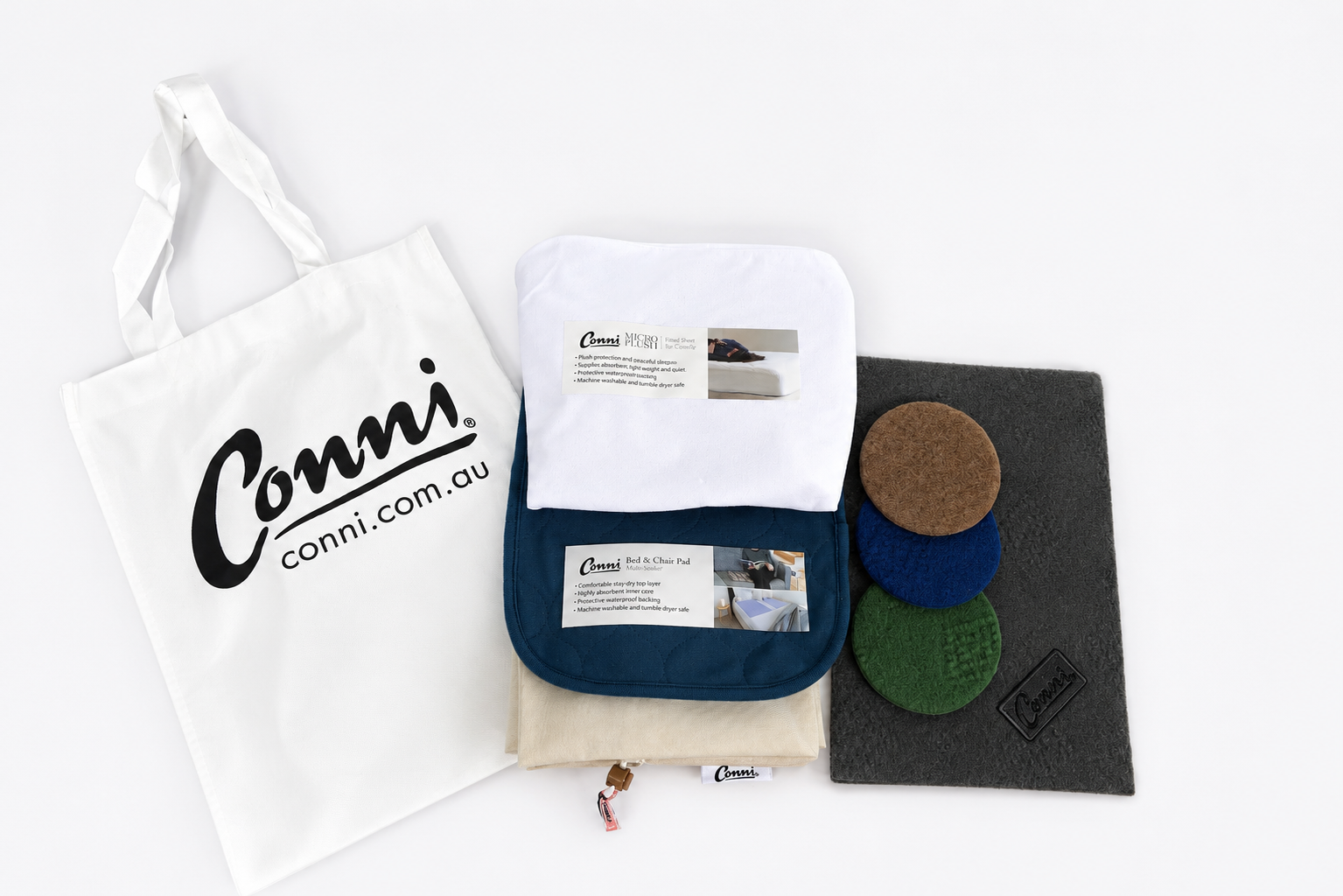 Conni source kit — branded tote with product samples